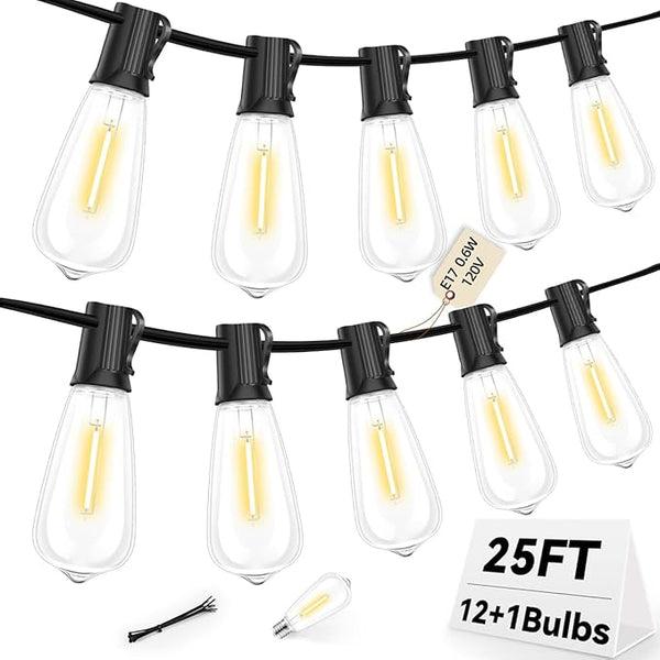 ST40 25FT Outdoor LED String Lights with 12+1 Shatterproof Bulbs,E17 Socket, 2700K Warm White,Weatherproof, 0.6W | Lumora