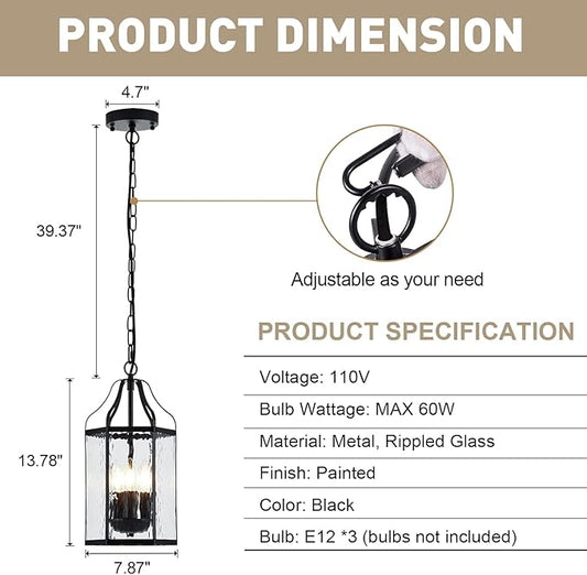 8" Modern 3-Light Exterior Black Lantern Pendant Light Fixture with Clear Rippled Glass Mini Industrial Hanging Cage Chandelier for Outdoor Kitchen Dining Room Hallway Entryway Foyer Porch