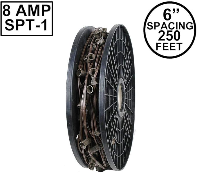 Novelty Lights 250 Feet C7/E12 Socketed Wire Spool, 6 Inch Spacing, Brown Wire 8 Amp SPT-1 Commercial Grade Reel | Lumora