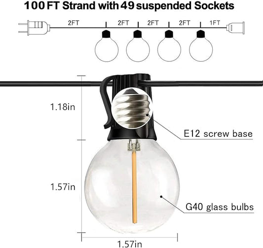 Banord 100FT G40 Globe String Lights, 2700K LED Outdoor Patio Lights String with 50 Dimmable Shatterproof Bulbs, Waterproof Connectable Hanging Lights for Backyard Porch Balcony Party, E12 Socket Base