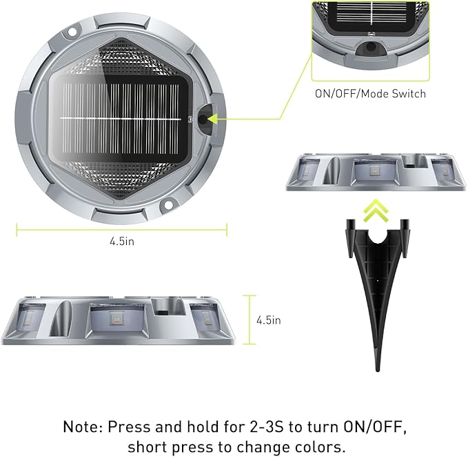 AGPTEK 5 in 1 Solar Driveway Lights Outdoor with Ground Spikes, IP67 Waterproof Solar Lights with 5 Modes (Blue/White/Warm/Mixed/Flashing) for Deck, Stairs, Pathway, Garden, Patio (Hexagon, 4 Pack)