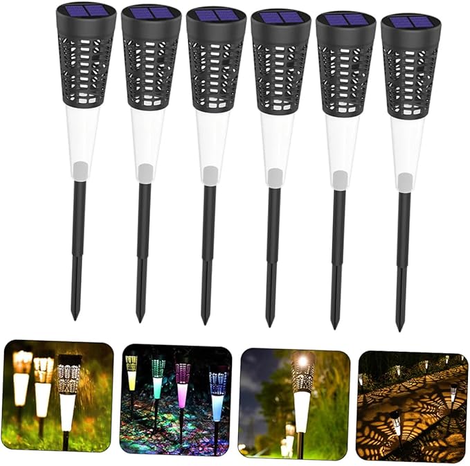 Kisangel 6pcs Solar Cone Openwork Ground Stake Lights, Warm and Colorful LED Garden Solar Pathway Lights for Outdoor Yard Landscape Decoration
