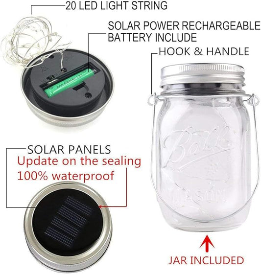 Solar Mason Jar Lantern Light, 3 Pack 20 Led String Starry Hanging Lamp, Fairy Firefly Lights Kit for Patio Garden Wedding Table Decor with Mason Jar & Hanger