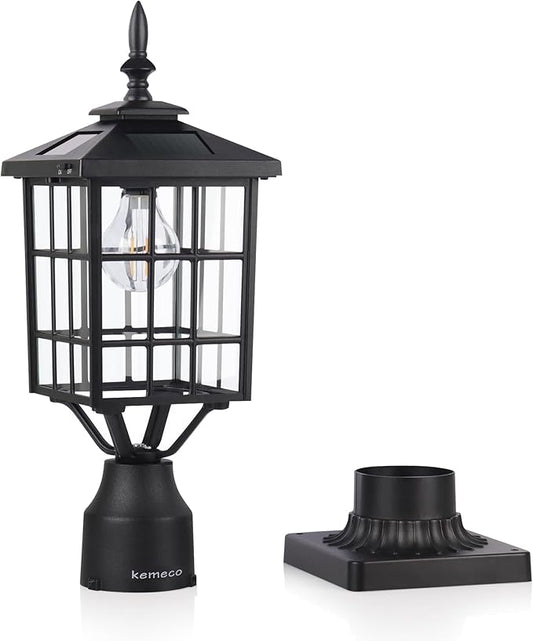 Kemeco ST4224Q-A Solar Post Light Outdoor, Landscape Led Squared Frame Fixture with 3" Pier Mount Base for Garden Street Post Pole Yard Driveway Entryways (Black)