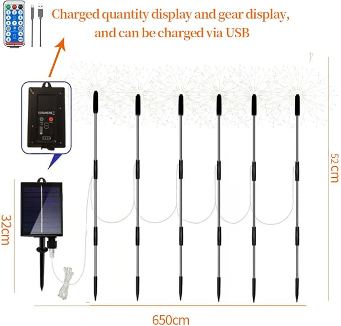 6 Pack 900 LED Outdoor Solar Ground Inserted Colorful Fireworks Lights with Telecontrol, Waterproof Solar&USB Powered Courtyard Lights,8 Modes DIY Light.