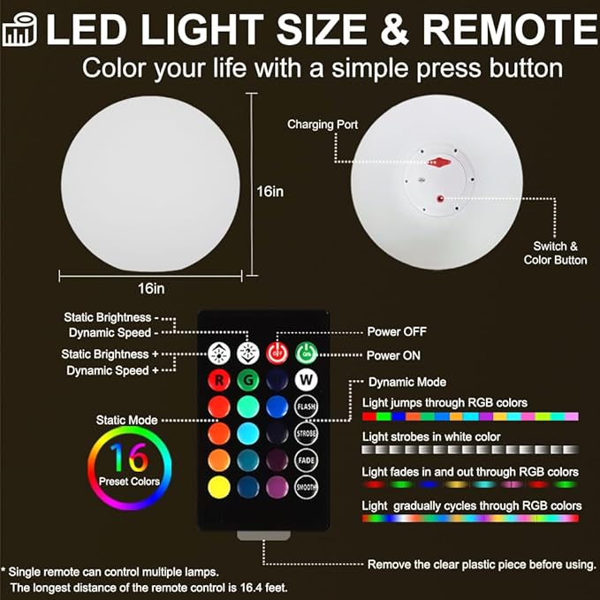 16-inch LED Globe Orb Light, Rechargeable Glowing Ball Light w/Remote, Dimmable RGB Color - Outdoor Wall Light | Lumora