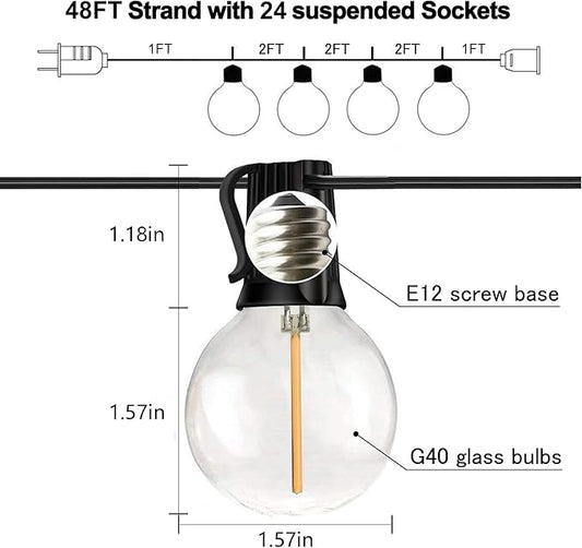 Banord 50FT G40 Globe String Lights with 26 Dimmable Plastic Bulbs, 2700K Waterproof Outdoor LED Lights for Patio, Porch, Cafe, Backyard, E12 Screw Base