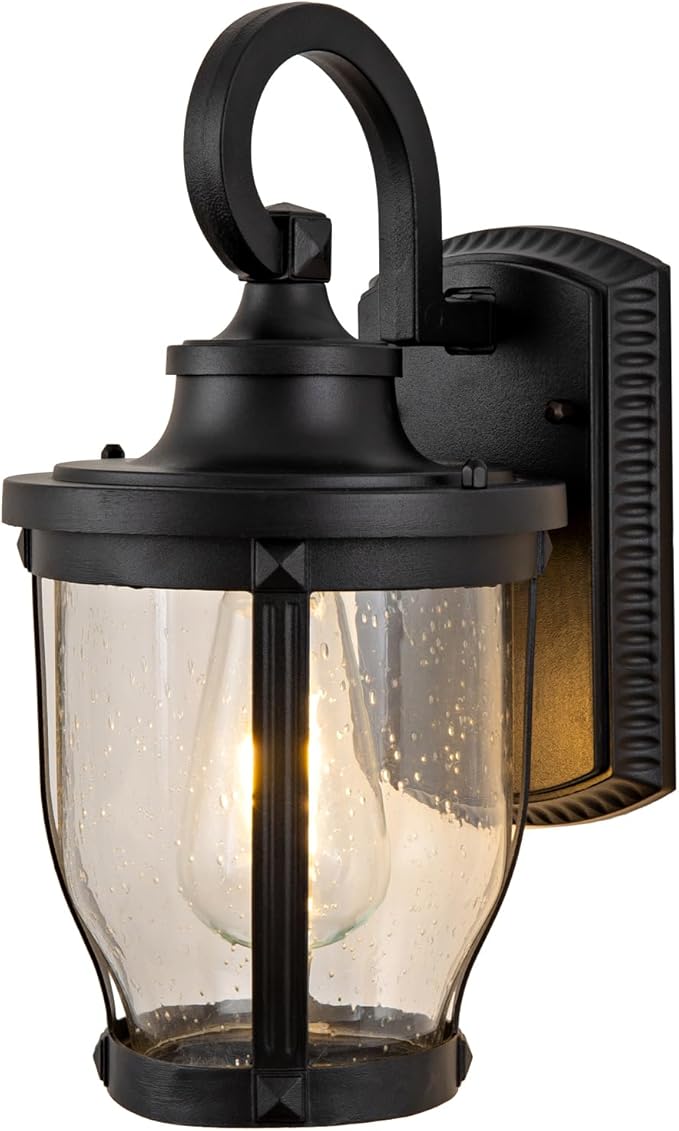 Outdoor Wall Light Fixtures 2packs Exterior Porch Lights 12.7" Lantern Sconce with Seeded Glass Shade Wall Mount Outside Lights for Garage Front Door Pathways Balcony Patio Cafes Black