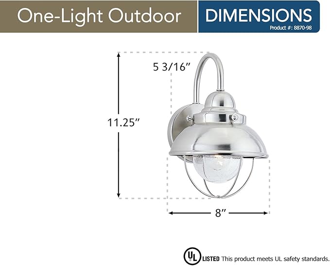 Generation Lighting 8870-98 Sebring Transitional One - Light Outdoor Wall Lantern Outside Fixture, Brushed Stainless Finish