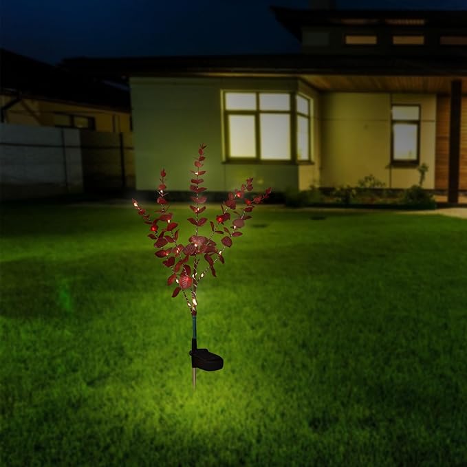Solar Powered Outdoor Landscape Pathway Light Red Eucalyptus Leaf Design, Solar Garden Lamp for Patio and Lawn Decoration, Weatherproof Lawn Stake Light
