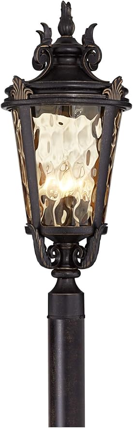 John Timberland Casa Marseille European Outdoor Post Light Fixture Bronze Scroll 28" Hammered Glass for Exterior | Lumora