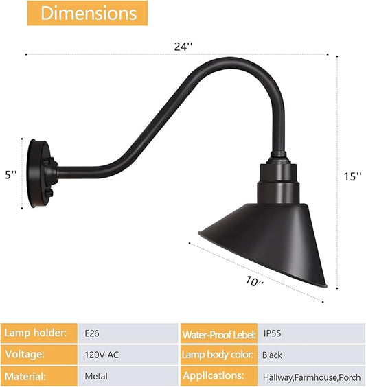 10-Inch Vintage Outdoor Gooseneck Barn Light with Extended Arm Design – Ideal for Illuminating Outdoor Store Signs, Perfect for Restaurants, Cafes, and Retail Spaces, 6-Pack