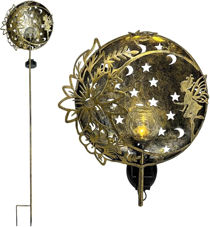 Fairy Solar Light Outdoor Decoration Garden Hollow Carving Sun Flowers Crackle Glass Ball Metal Stake for Pathway Patio Lawn Yard Mother Gift (Floral Fairy), Antique Brass