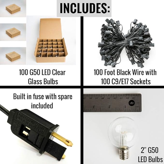 Hometown Evolution, Inc. G50 2" LED Diode Warm White Outdoor Patio String Lights with 0.6 Watt Light Bulbs (Black Wire, 100 ft)