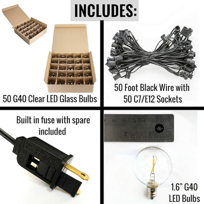 Hometown Evolution, Inc. G40 LED Warm White Outdoor Patio String Lights with 0.6 Watt Bulbs (G40 LED Filament - Black Wire, 50 ft)