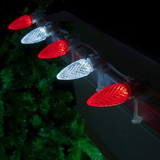 Wintergreen Lighting C9 OptiCore LED Red and Cool White Candy Cane Christmas Lights – Commercial Outdoor Heavy Duty Bulbs; 18 Gauge White Wire (100 Lights, 100 Ft)