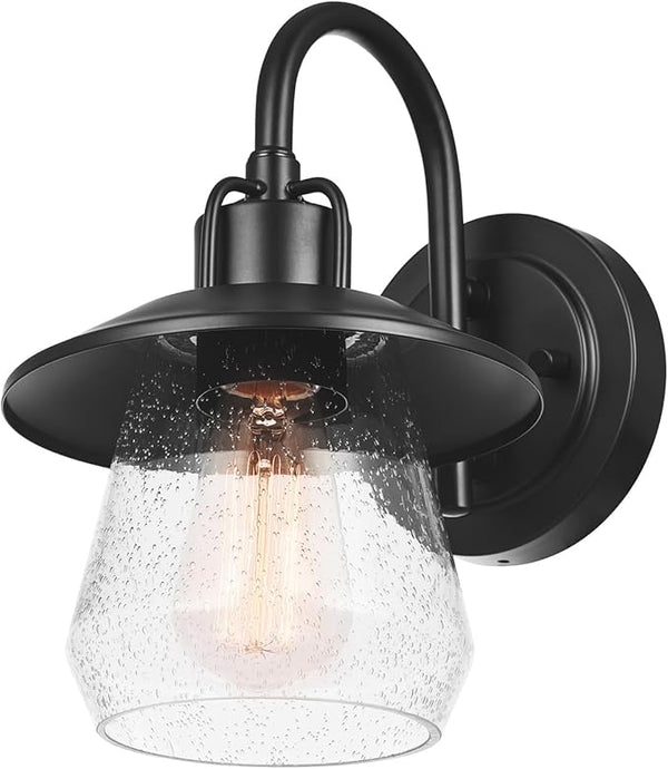 Globe Electric 60000012 1-Light Outdoor Wall Sconce, Matte Black, 7" Seeded Glass Shade, Curved Stem, Porch Light | Lumora