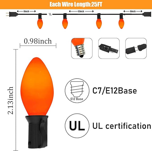 C7 LED Halloween Orange String Lights, 25FT Ceramic Orange Outdoor String Lights with 27 LED Edison Bulbs (2 Spare), Hanging Connectable Lights for Halloween Party Haliday Decor-Black Wire
