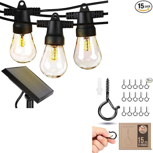 Brightech Bundle: 15 Hooks Ambience Pro Solar Powered Outdoor String Lights - Commercial Grade Patio Lights with 27 | Lumora