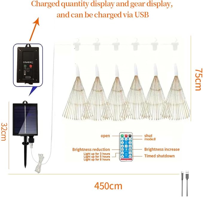 6 Pack LED Outdoor Solar Warm Light Gradient Fireworks Lights with Remote Control, Waterproof Solar&USB Powered Courtyard Atmosphere Decorative Lights,8 Modes DIY Path Light.