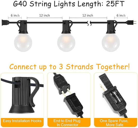 SUNSGNE 25Ft Outdoor Patio String Lights G40 with 27 Frosted White Globe Bulbs, Waterproof Connectable Hanging String Lights for Backyard Porch Balcony Party Christmas Decor, 5 Watt, Black Wire