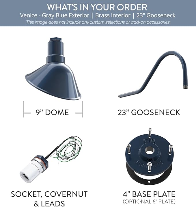 Steel Lighting Co. Venice Store Sign Light | for Outdoor Restaurant Accent Wall | 9 inch Dome | 23" Gooseneck | Made in America | Gray Blue Exterior/Brass Interior