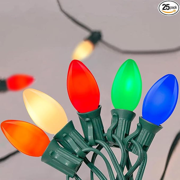 SUNSGNE C7 LED Outdoor Christmas Lights, 25ft Vintage Christmas Lights with 27 LED Plastic Colored Bulbs(2 Spare) | Lumora