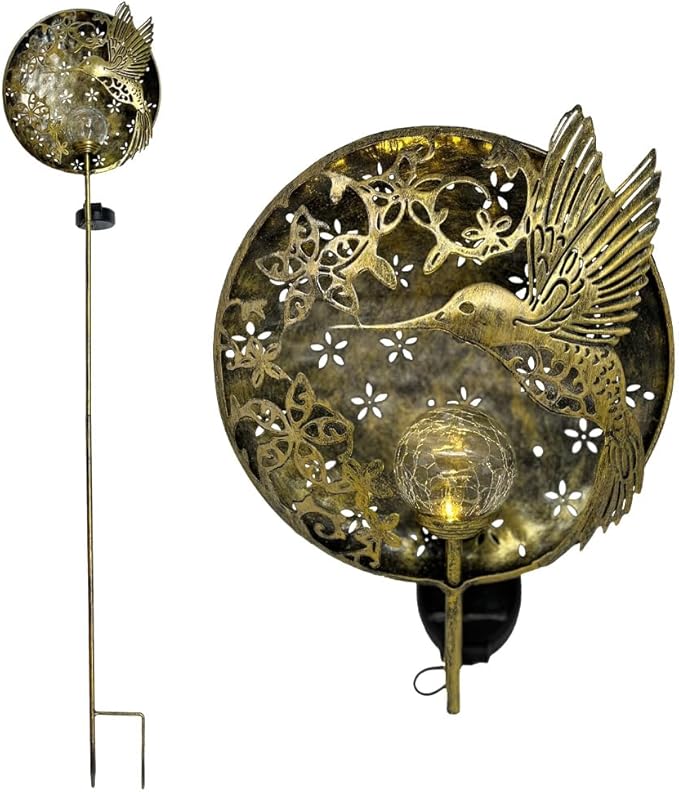 Hummingbird Solar Light Garden Outdoor Decoration Hollow Carving Flowers Crackle Glass Ball Metal Stake for Pathway | Lumora