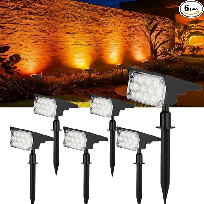Solar-Powered Outdoor Floodlight -6 Pack High-Brightness LED Landscape Light with Dusk-to-Dawn Automatic Sensor, Suitable for Yards, Pathways, Gardens, Halloween, Christmas Decorations(Warm
