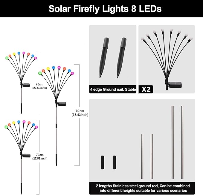 Swaying Solar Firefly Lights Outdoor, 8 Modes RGB Color Changing Firefly Swaying Solar Garden Lights for Outside Christmas Yard Patio Pathway Plant Landscape Garden Decor Multicolor(2 Pack)