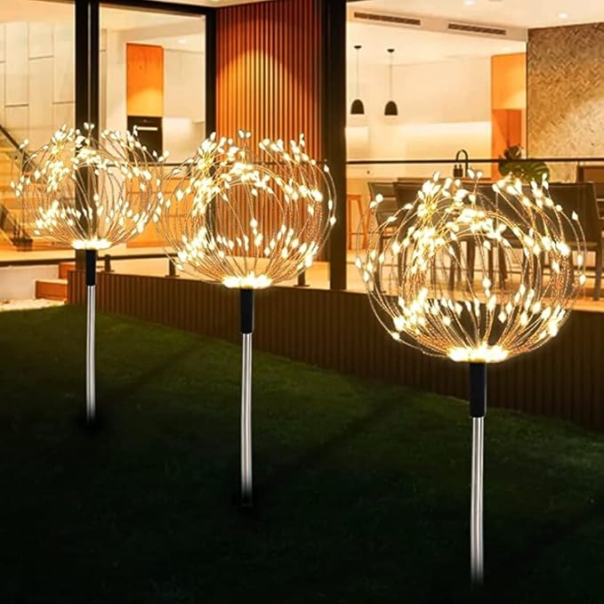 Upgrated 3 Pack Solar Garden Path Lights with Remote, 120 LED Solar Firework String Lights Outdoor, 8 Modes Landscape Stake Lights for Walkway Backyard Patio Christmas Wedding Party (Warm White)