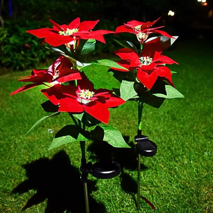 2 Pcs Solar Garden Lights,IP65 Waterproof Solar Poinsettia Flowers Lights Landscape Lighting,Simulation Poinsettia | Lumora