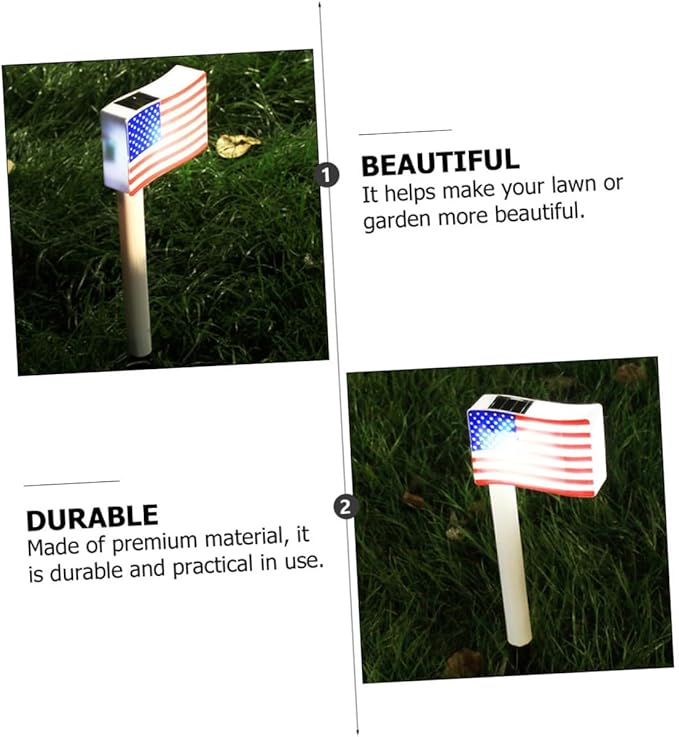2pcs Solar Garden Path Lights American Flag LED Outdoor Lawn Lamp with Ground Plug for Independence Day Decoration Random Color