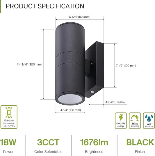 ASD 2 Light LED Indoor & Outdoor Wall Light Fixture with Emergency Battery Backup | 18W 1676LM 3000K-5000K 120-277V Cylinder Up Down Lights | Exterior Wall Sconce Porch & Patio | Black, ETL 6 Pack