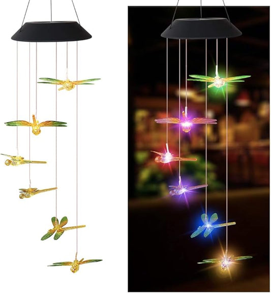 Solar Mobile Lights Hanging Wind Chime, Color Changing Outdoor Solar Garden Decorative Lights for Walkway Pathway Backyard Decoration Parties (Yellow Dragonfly)