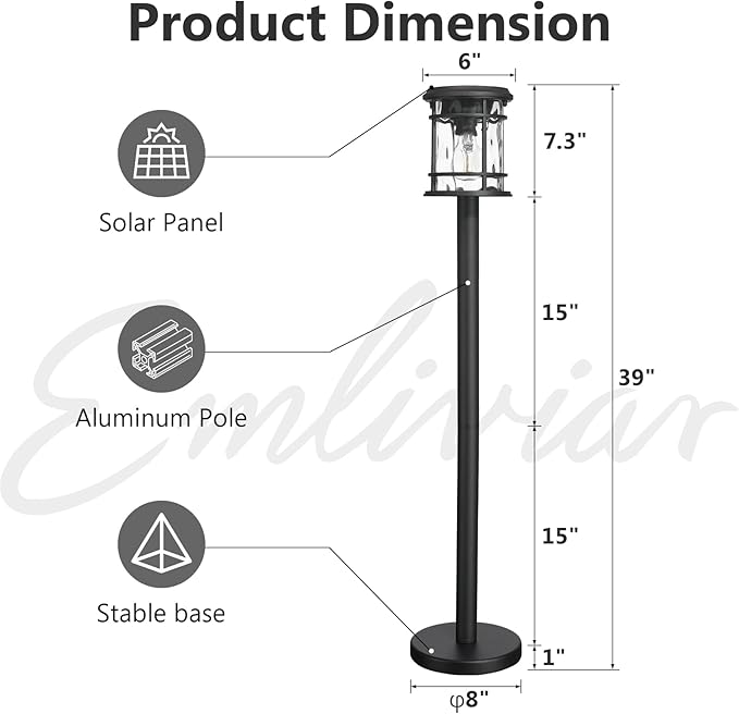 Emliviar Solar LED Outdoor Floor Lamp Waterproof IP43, Auto On/Off Portable Deck Pole Light Fixture, Exterior Black Post Lantern with Water Ripple Glass, XE229PL-S-ML SL BK