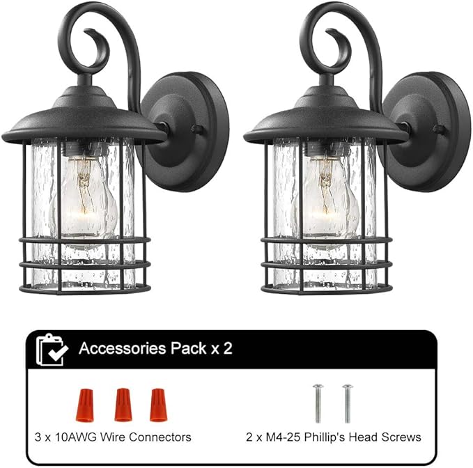 Emliviar 1-Light Outdoor Wall Lantern 2 Pack, Exterior Wall Lamp Light in Black Finish with Clear Seeded Glass -Twin Pack, OS-1803CW1