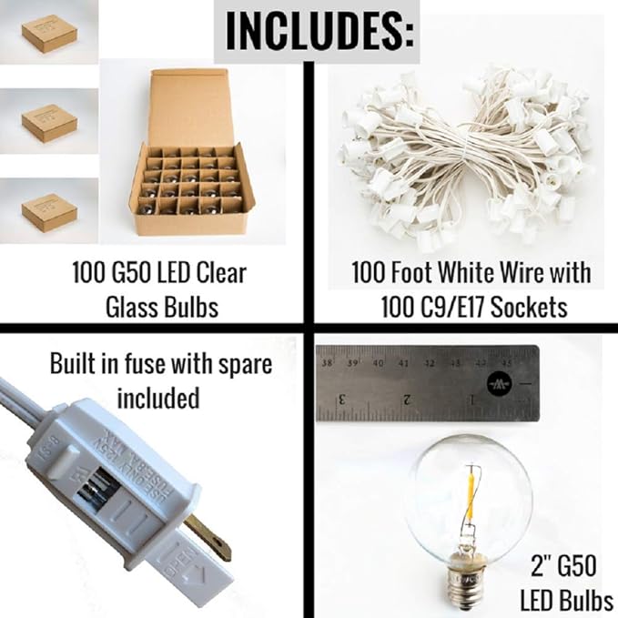 Hometown Evolution, Inc. G50 2" LED Filament Outdoor Patio String Lights with 0.6 Watt Light Bulbs (G50 LED - White Wire, 100 ft)