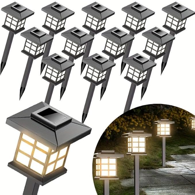 Solar LED Garden Light Lawn Light, Outdoor Path Channel Lighting, Suitable for Courtyard, Lawn and Lane Decoration, Windproof and Energy-Saving, Decorative Garden Light (12 Warm Lights)