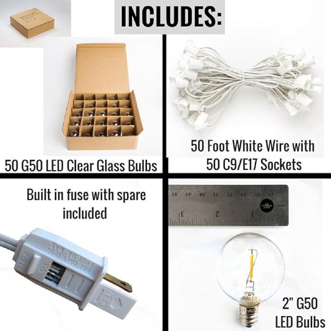 Hometown Evolution, Inc. G50 2" LED Filament Outdoor Patio String Lights with 0.6 Watt Light Bulbs (G50 LED - White Wire, 50 ft)