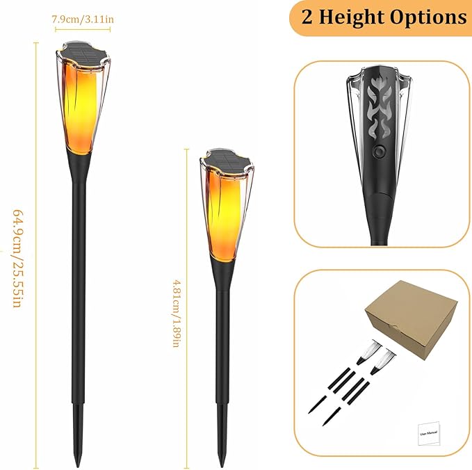 AVEKI Solar Torch Lights Outdoor, 2 Pack Flickering Flame Lights with Adjustable Height Extension Rod, Waterproof Outdoor Decorative Pathway Light for Garden Yard Lawn Patio (Black-2 Pack)
