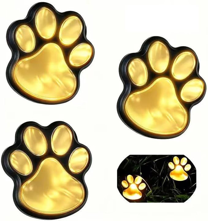 3 Solar Outdoor Lawn Lights - Cute Paw Print Lights, White/Warm Color, IP55 Waterproof, No Assembly Required, Ready | Lumora