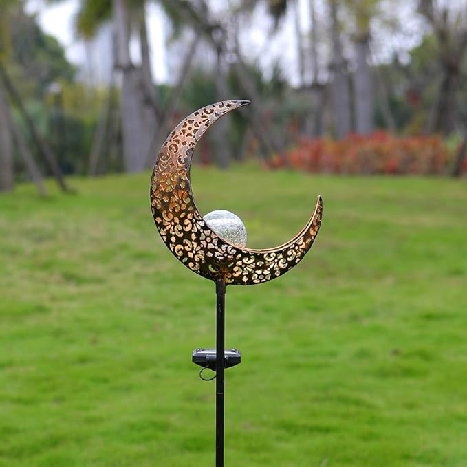 Starryfill Moon-Shaped Garden Solar Lights, Outdoor Bronze Metal Waterproof Stake with Crackle Glass Globe Warm White LED for Pathway Lawn Patio or Courtyard