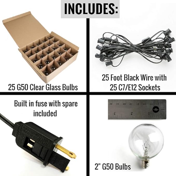 Hometown Evolution, Inc. 25’ G50 Globe Patio String Lights with Clear 2” Light Bulbs and Black Wire (+ 1 Free Spare) | Lumora