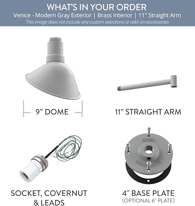 Steel Lighting Co. Venice Store Sign Light | for Outdoor Restaurant Accent Wall | 9 inch Dome | 11" Straight Arm | Made in America | Modern Gray Exterior/Brass Interior