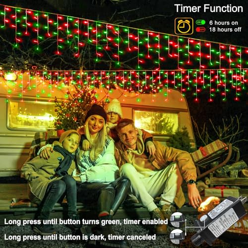 99ft Red and Green Christmas Lights, 1216 LED Icicle Lights for Outside, Clear Wire Twinkle Lights with 8 Modes Timer Waterproof for House Window Party Tree Holiday Patio Yard Home Decor