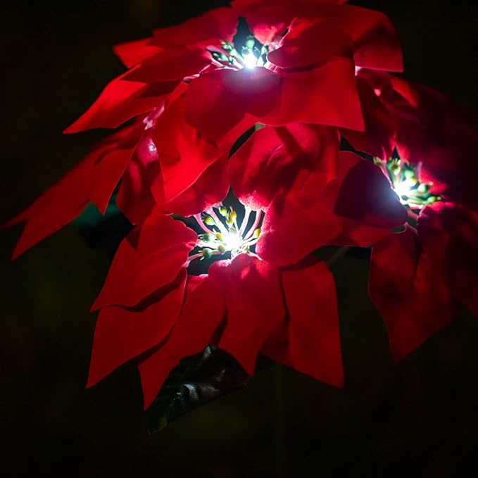 Outdoor Solar Flower Lights,15.7Inch Solar Christmas Poinsettia Flower Lights, Waterproof Garden Stake Light Decorative Solar Patio Lawn Lamp for Yard Pathway