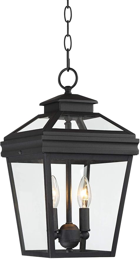 John Timberland Stratton Street Rustic Farmhouse Outdoor Hanging Ceiling Light Fixture Textured Black Lantern 2-Light 16 1/2" Clear Glass Exterior Barn Deck House Porch Yard Patio Outside Garage