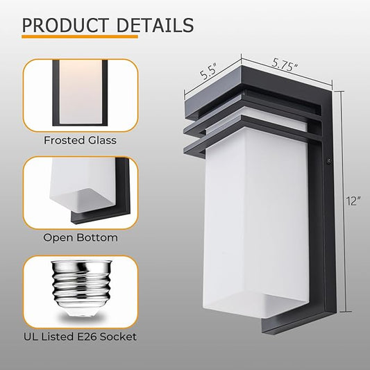 Modern Outdoor Wall Lights Fixtures Set of 2, Front Porch Sconce Lighting Wall Mount, Exterior Wall Lamps with White Frosted Glass for Patio, House, Commercial Use, E26 Base