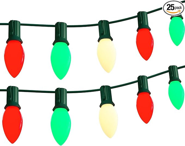 25Ft C9 LED Christmas Multicolor String Lights, Vintage Christmas Lights with 27 C9 Red/Green/White LED Bulbs | Lumora